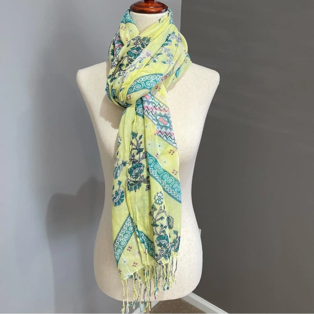 Esprit Bohemian Scarf Pashmina 72x30 Tassels Light Weave Yellow Blue Pink Floral